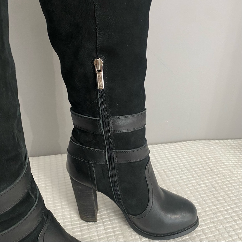 Milana Black Leather Knee High Moto Boots Buckle Block Heel EU 35 US 5 Italy - Picture 4 of 16